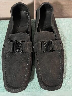 Louis Vuitton Black Suede Slip On LV Buckle Logo Loafers Size 11